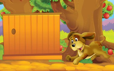 cartoon scene with dogs having fun on the farm illustration for children