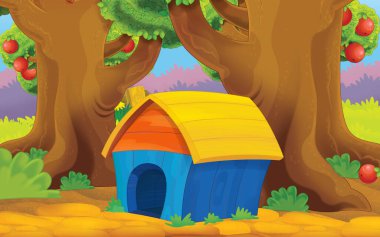 cartoon scene with farm dog house in garden illustration for children
