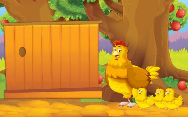 cartoon scene with chicken on the farm in the garden illustration for children