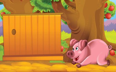 cartoon scene with farm pig in the garden illustration for children