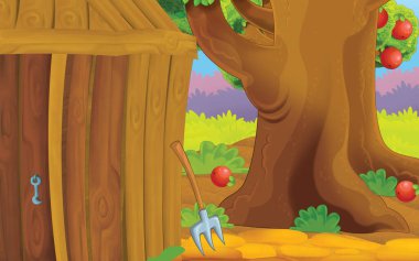 cartoon scene with farm house in garden illustration for children