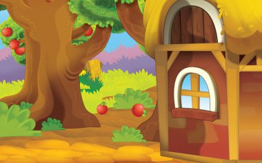 cartoon scene with farm house in garden illustration for children