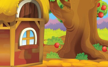 cartoon scene with farm house in garden illustration for children