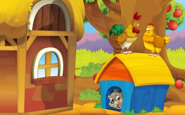 cartoon scene with farm house in garden illustration for children