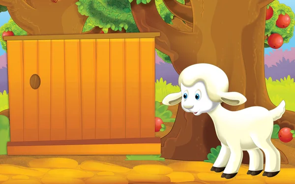 Cartoon Scene Sheep Farm Garden Illustration Children — 图库照片
