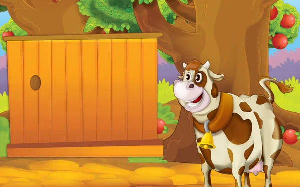 Cartoon Scene Farm Cow Garden Illustration Children —  Fotos de Stock