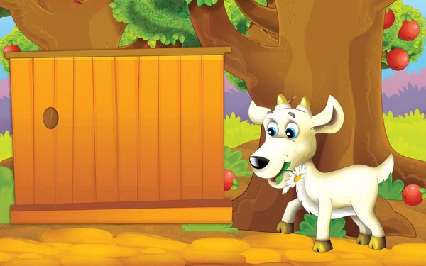 Cartoon Scene Farm Goat Garden Illustration Children — Stock Fotó