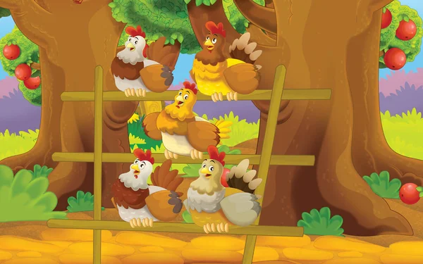 Cartoon Scene Chicken Farm Garden Illustration Children — ストック写真