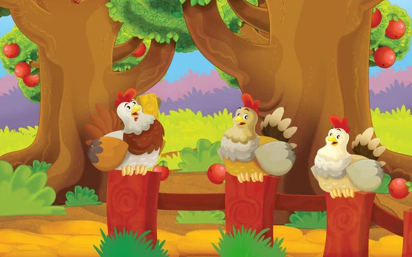 cartoon scene with chicken on the farm in the garden illustration for children