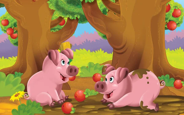 Cartoon Scene Farm Pig Garden Illustration Children — 图库照片