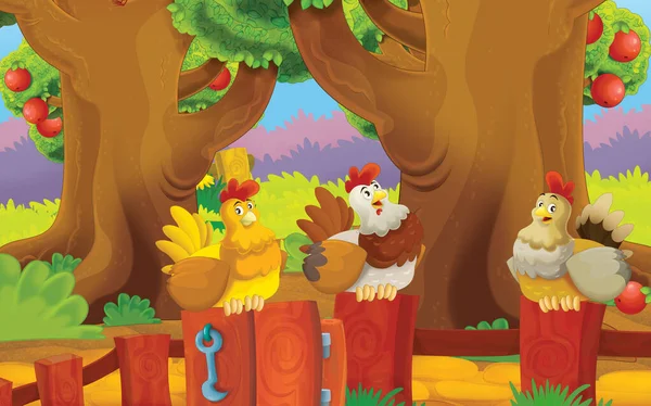 Cartoon Scene Chicken Farm Garden Illustration Children — Stockfoto