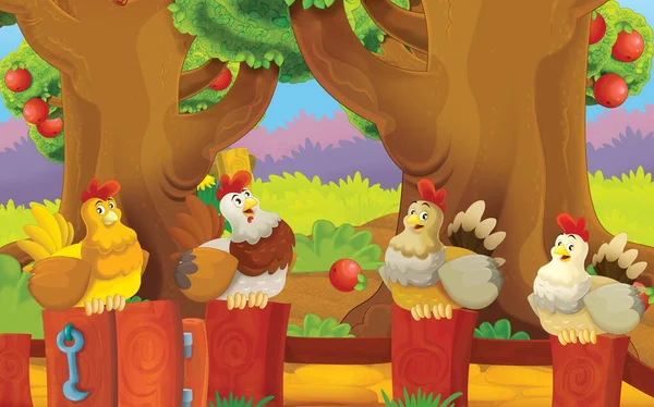 cartoon scene with chicken on the farm in the garden illustration for children