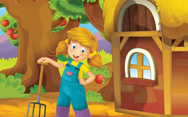 Cartoon Scene Farm House Garden Farmer Girl Illustration Children — 스톡 사진