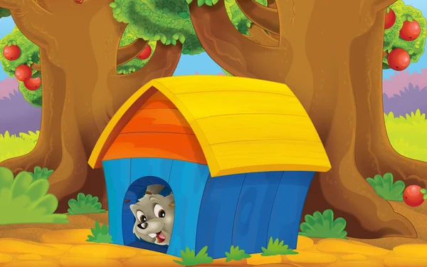 cartoon scene with farm dog house in garden illustration for children