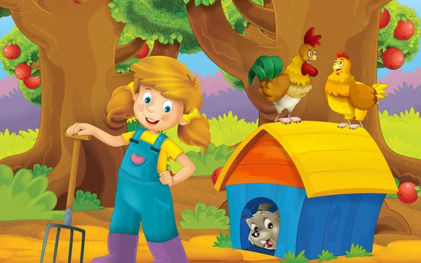 cartoon scene with farm house in garden and farmer girl illustration for children