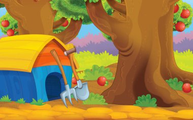 cartoon scene with farm dog house in garden illustration for children