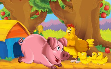 cartoon scene with farm animal in garden illustration for children