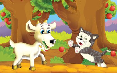 cartoon scene with farm animal in garden illustration for children