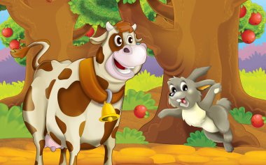 cartoon scene with farm animal in garden illustration for children