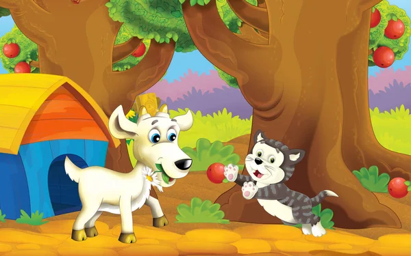 Cartoon Scene Farm Animal Garden Illustration Children — Stok fotoğraf