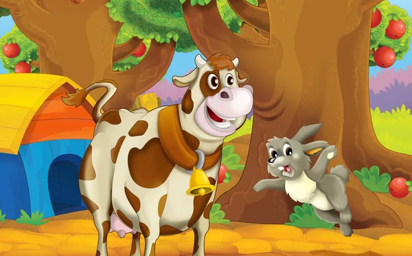 Cartoon Scene Farm Animal Garden Illustration Children — Stok fotoğraf