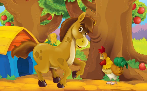 cartoon scene with farm animal in garden illustration for children