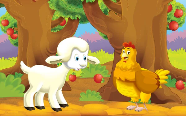 Cartoon Scene Farm Animal Garden Illustration Children — 스톡 사진