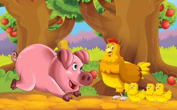 cartoon scene with farm animal in garden illustration for children