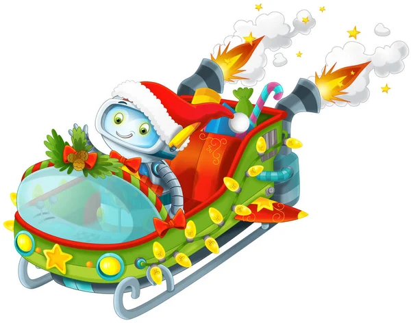 Cartoon Scene Santa Claus Robot Toy Flying Sleigh Isolated Illustration — 스톡 사진