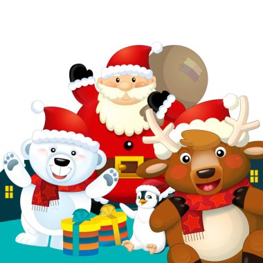 Christmas happy scene with different animals like reindeer and penguins santa and snowman illustration for children