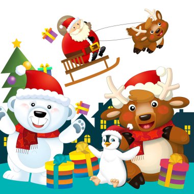 Christmas happy scene with different animals like reindeer and penguins santa and snowman illustration for children