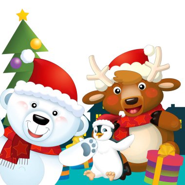 Christmas happy scene with different animals like reindeer and penguins santa and snowman illustration for children