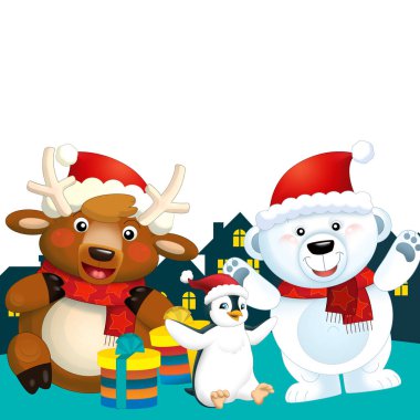 Christmas happy scene with different animals like reindeer and penguins santa and snowman illustration for children