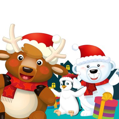 Christmas happy scene with different animals like reindeer and penguins santa and snowman illustration for children