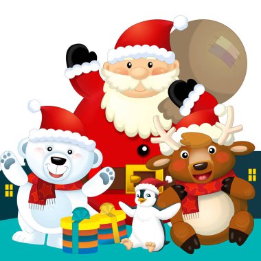 Christmas happy scene with different animals like reindeer and penguins santa and snowman illustration for children