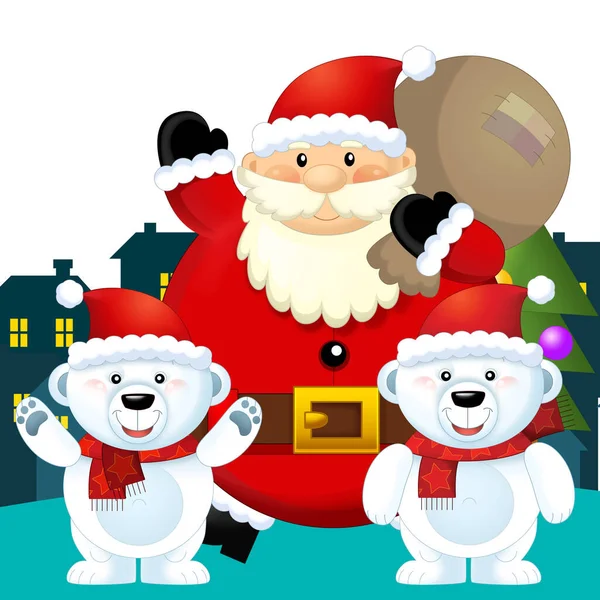 Christmas Happy Scene Different Animals Reindeer Penguins Santa Snowman Illustration — Stock Photo, Image