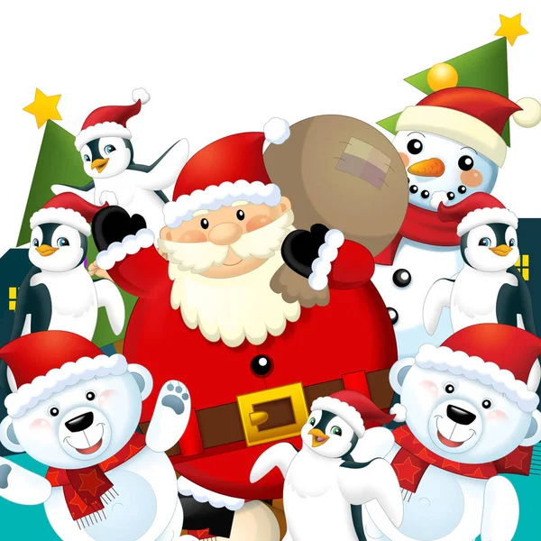 Christmas Happy Scene Different Animals Reindeer Penguins Santa Snowman Illustration — 图库照片