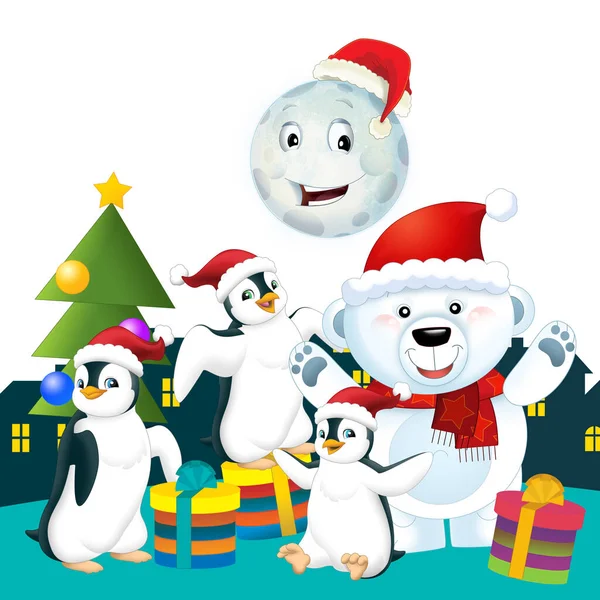 Christmas Happy Scene Different Animals Reindeer Penguins Santa Snowman Illustration — Photo