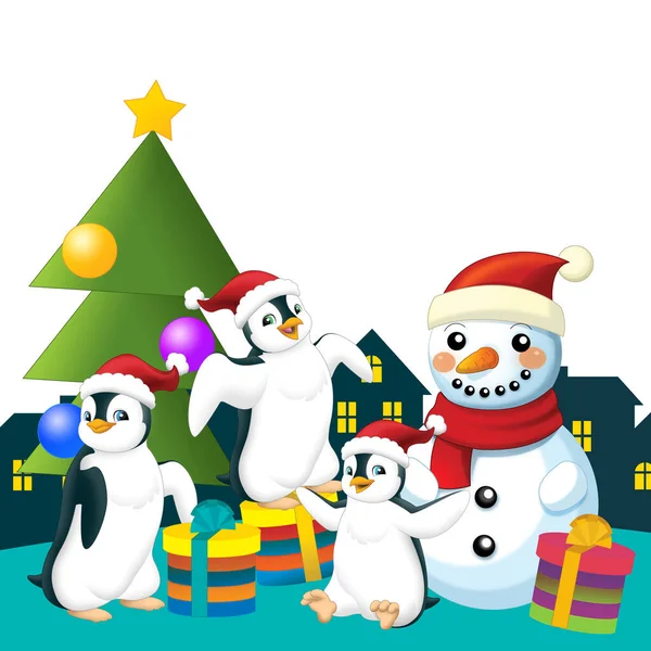 Christmas Happy Scene Different Animals Reindeer Penguins Santa Snowman Illustration — Photo