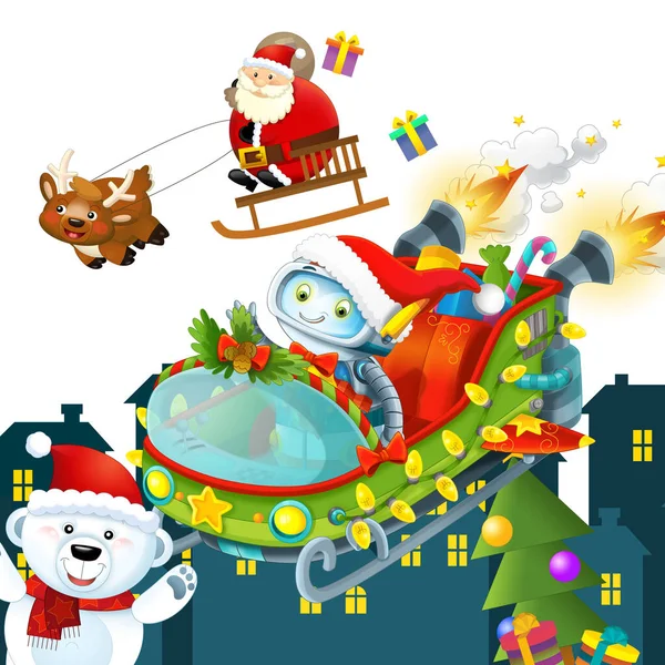 Christmas Happy Scene Different Animals Reindeer Penguins Santa Snowman Illustration — Stok fotoğraf