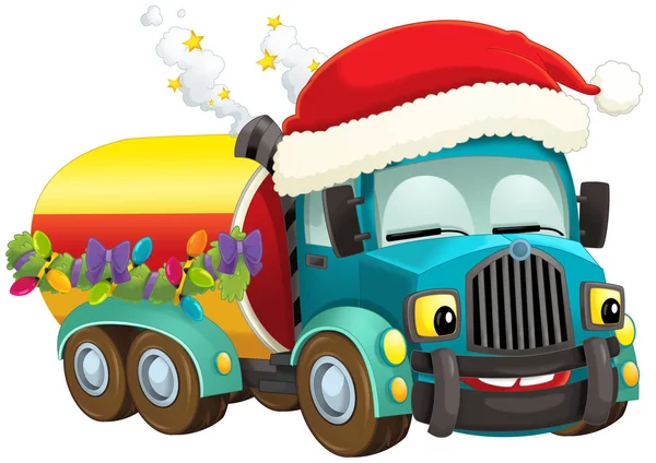 Cartoon Weihnachten Auto Lkw Zisterne Illustration Für Kinder — Stockfoto