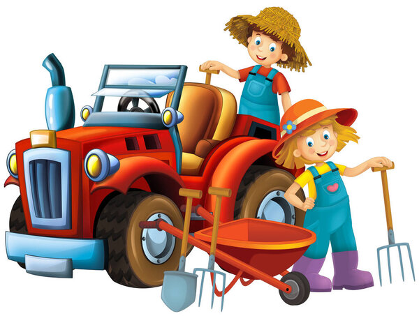 cartoon scene with farmer girl and boy near the tractor isolated illustration for children