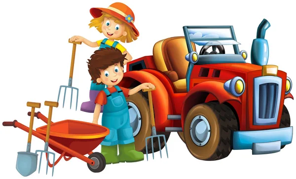 Tecknad Scen Med Bonde Flicka Och Pojke Nära Traktorn Isolerad — Stockfoto