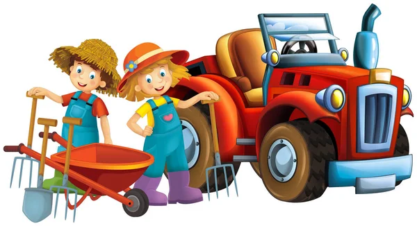 Cartoon Scene Farmer Girl Boy Tractor Isolated Illustration Children — Stock Photo, Image