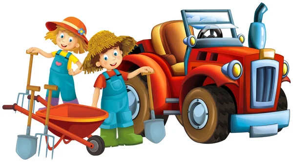 Escena Dibujos Animados Con Niña Agricultor Niño Cerca Del Tractor —  Fotos de Stock