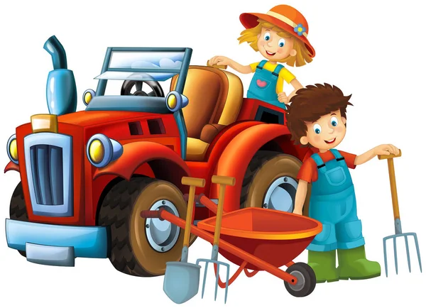 Zeichentrickszene Mit Bauernmädchen Und Junge Der Nähe Des Traktors Isolierte — Stockfoto