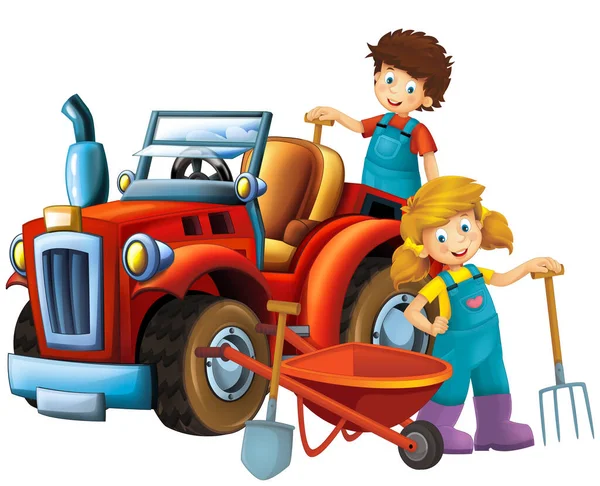 Мультяшна Сцена Фермером Дівчиною Хлопчиком Біля Трактора Ізольована Ілюстрація Дітей — стокове фото