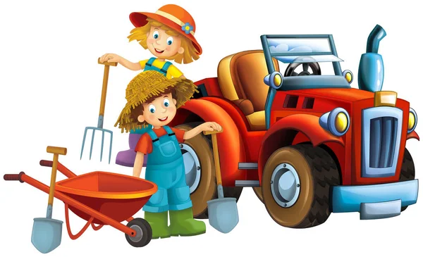 Escena Dibujos Animados Con Niña Agricultor Niño Cerca Del Tractor —  Fotos de Stock