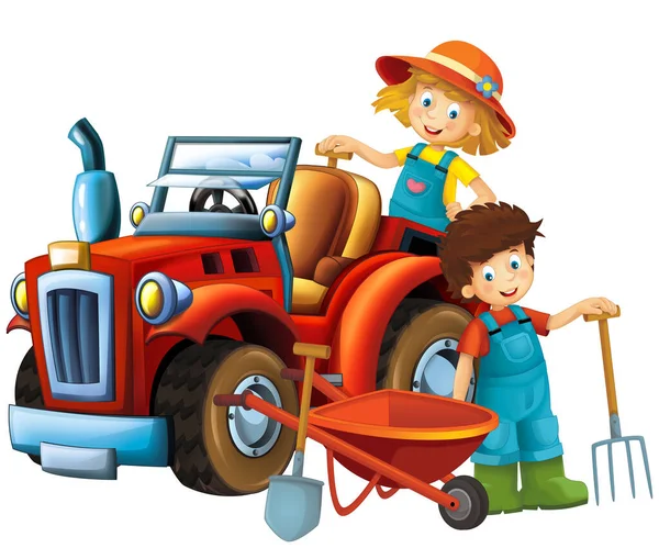 cartoon scene with farmer girl and boy near the tractor isolated illustration for children