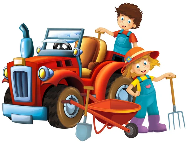 Escena Dibujos Animados Con Niña Agricultor Niño Cerca Del Tractor —  Fotos de Stock